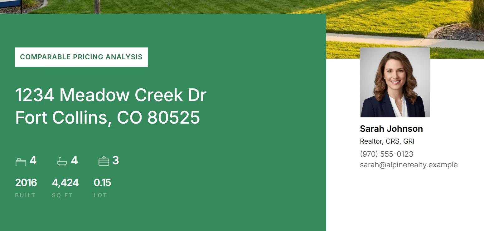 Report cover panel with the address, home facts and the agent's headshot and contact details.
