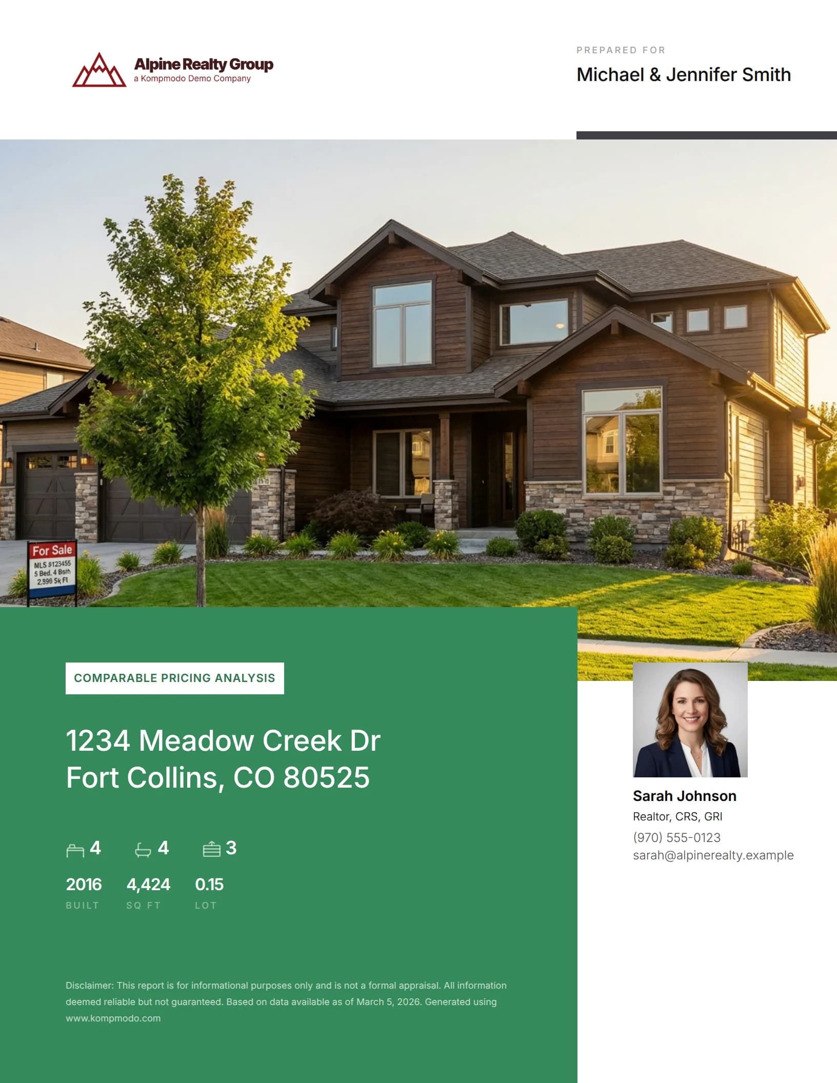 Branded cover page: subject photo, address, agent headshot and brokerage logo.