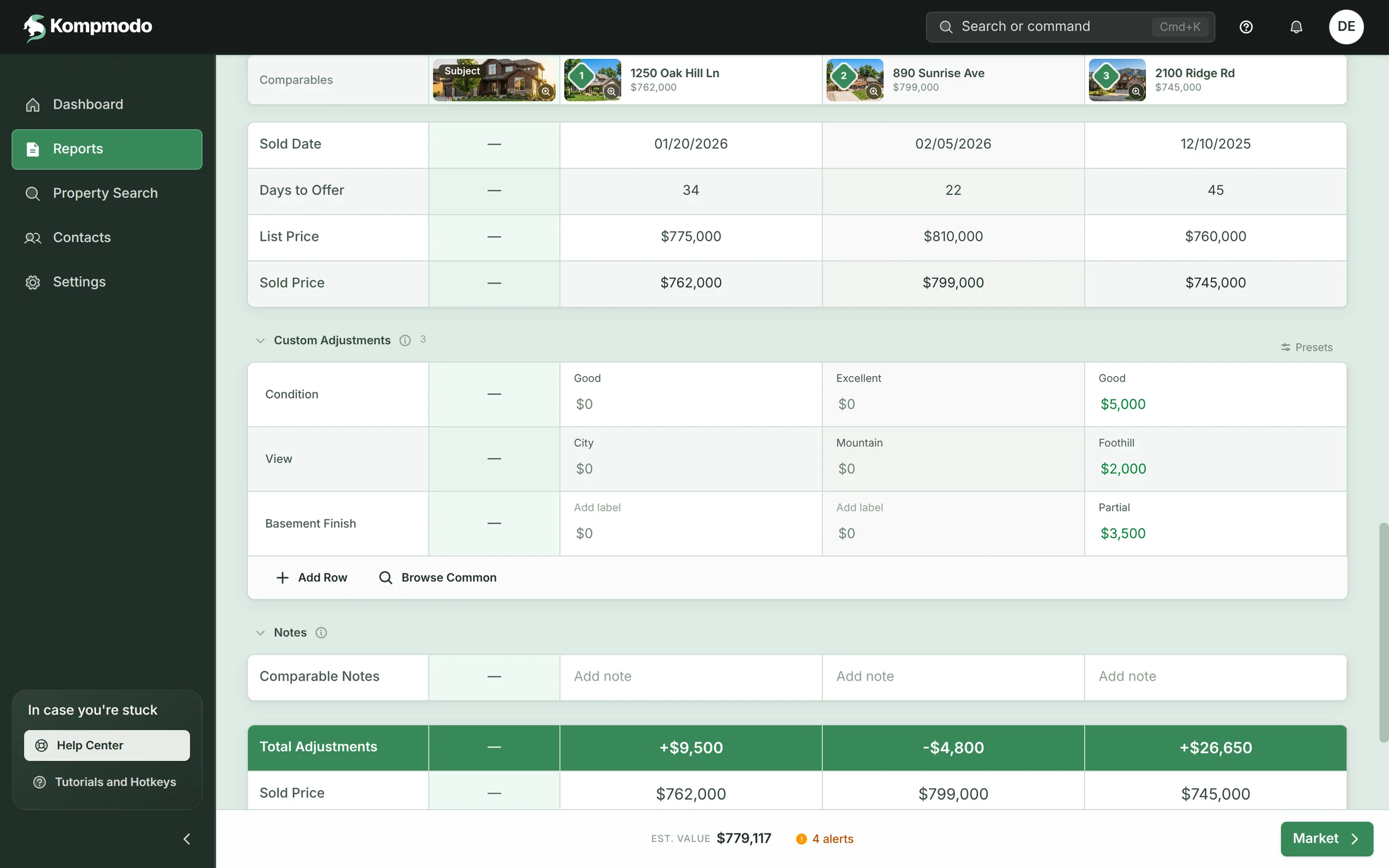 App de Kompmodo, ajustes: fechas de venta, días hasta oferta, precios de lista y de venta de cada comparable, ajustes personalizados por condición, vista y acabado del sótano, y ajustes totales de +$9,500, −$4,800 y +$26,650.
