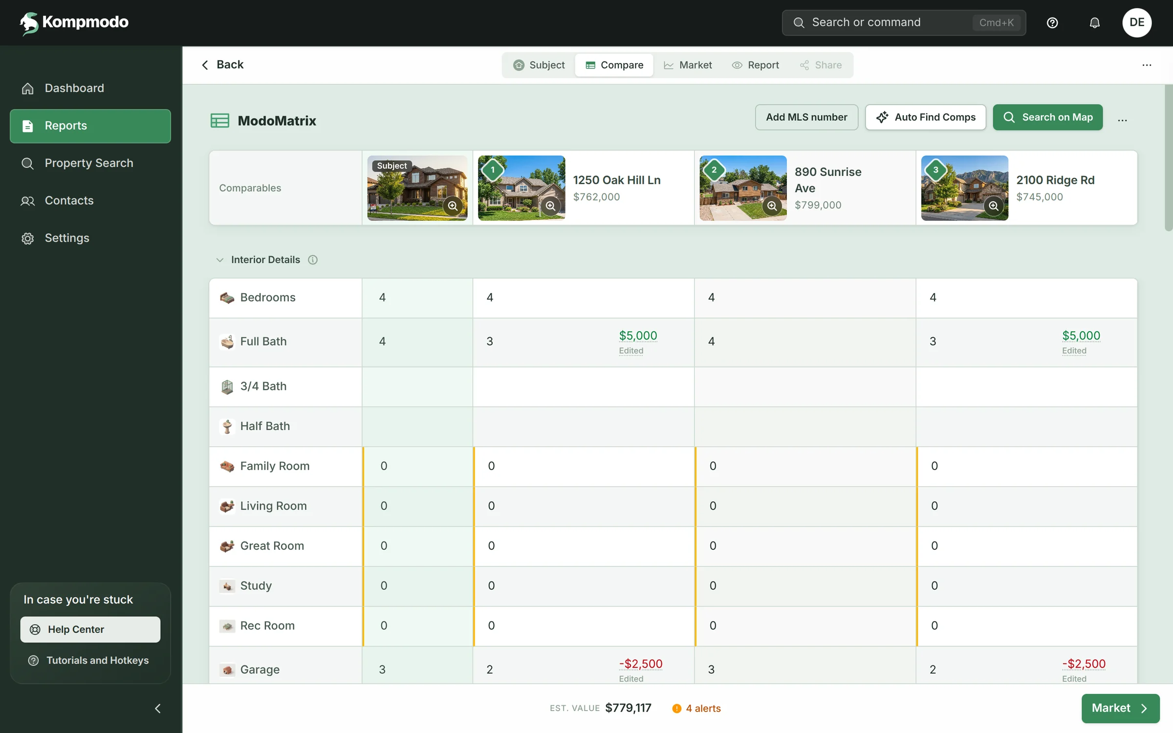 App de Kompmodo, ModoMatrix: la propiedad junto a tres comparables, 1250 Oak Hill Ln ($762,000), 890 Sunrise Ave ($799,000) y 2100 Ridge Rd ($745,000), con recámaras, baños y espacios comparados y ajustes como +$5,000 por un baño menos.